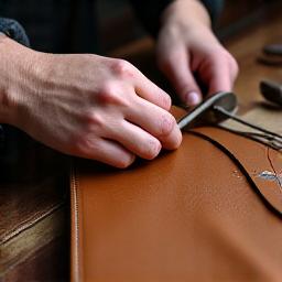 Handwerker beim Nähen einer Lederpolsterung